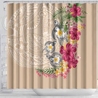 Hawaiian Tropical Flowers and Tribal Turtles Shower Curtain Polynesian Art Motifs Beige Color LT03 - Polynesian Pride