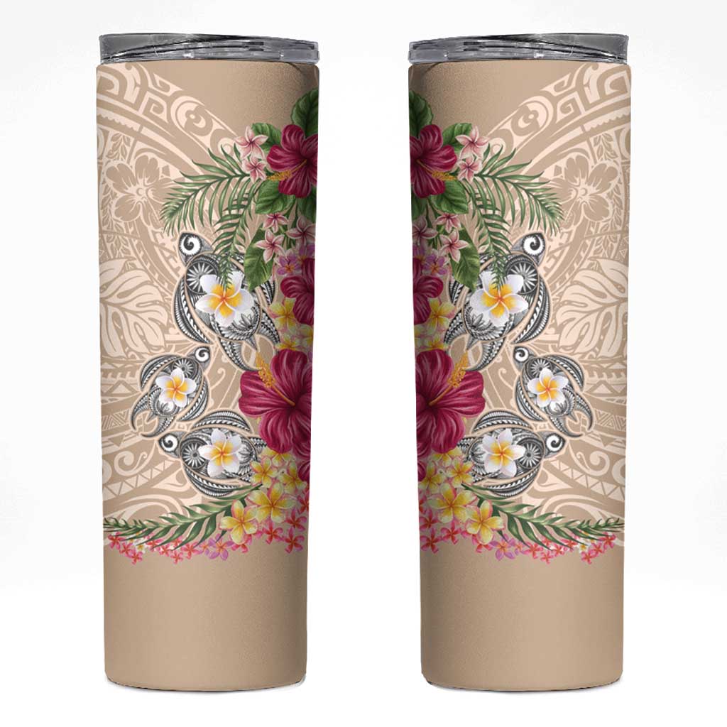 Hawaiian Tropical Flowers and Tribal Turtles Skinny Tumbler Polynesian Art Motifs Beige Color LT03 Beige - Polynesian Pride