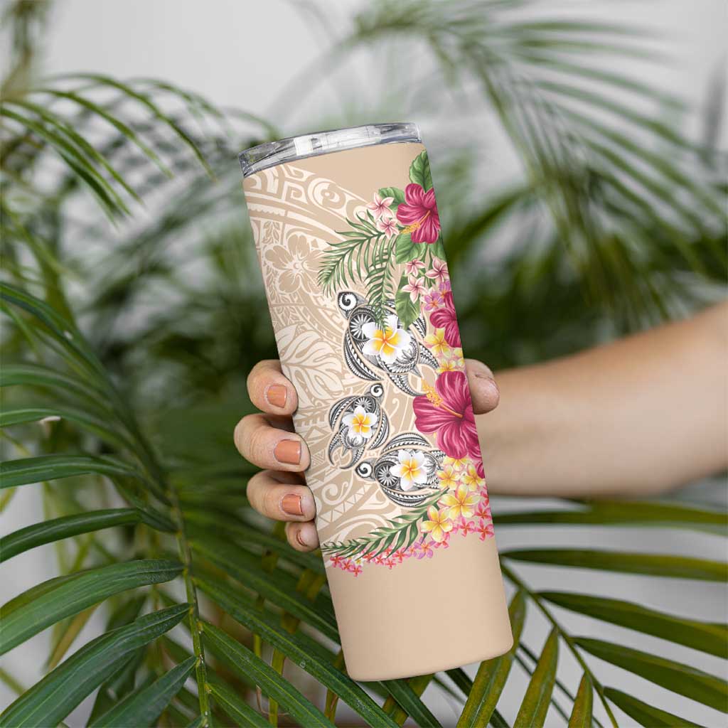 Hawaiian Tropical Flowers and Tribal Turtles Skinny Tumbler Polynesian Art Motifs Beige Color LT03 - Polynesian Pride