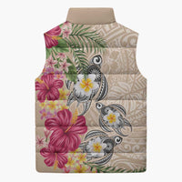 Hawaiian Tropical Flowers and Tribal Turtles Sleeveless Puffer Jacket Polynesian Art Motifs Beige Color LT03 - Polynesian Pride