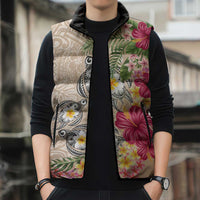 Hawaiian Tropical Flowers and Tribal Turtles Sleeveless Puffer Jacket Polynesian Art Motifs Beige Color LT03 - Polynesian Pride