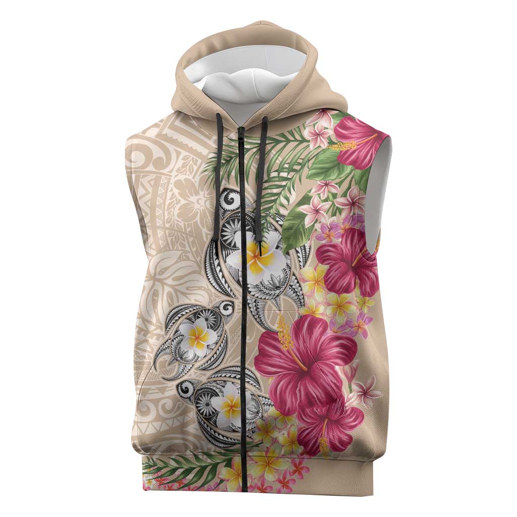 Hawaiian Tropical Flowers and Tribal Turtles Sleeveless Zip Hoodie Polynesian Art Motifs Beige Color LT03 Beige - Polynesian Pride