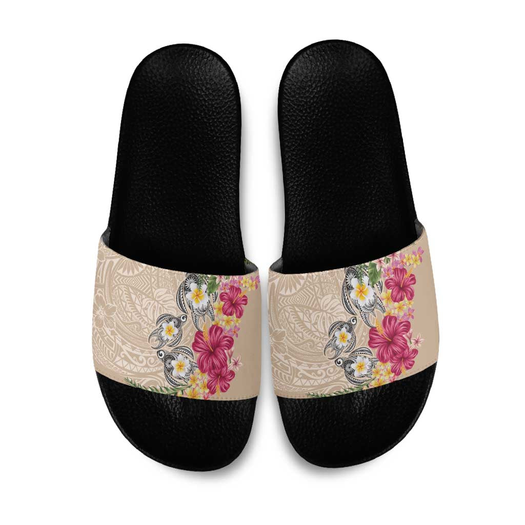 Hawaiian Tropical Flowers and Tribal Turtles Slide Sandals Polynesian Art Motifs Beige Color LT03 Beige - Polynesian Pride