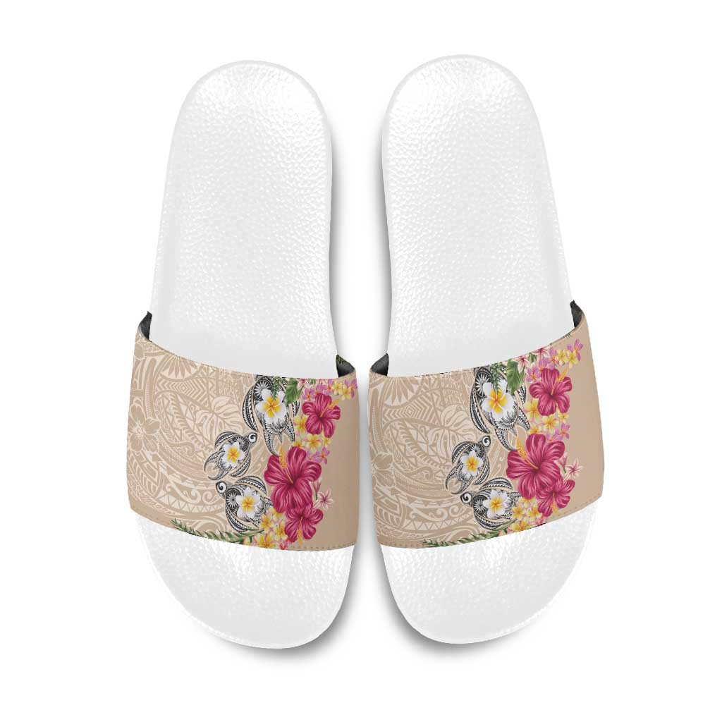 Hawaiian Tropical Flowers and Tribal Turtles Slide Sandals Polynesian Art Motifs Beige Color LT03 Beige - Polynesian Pride