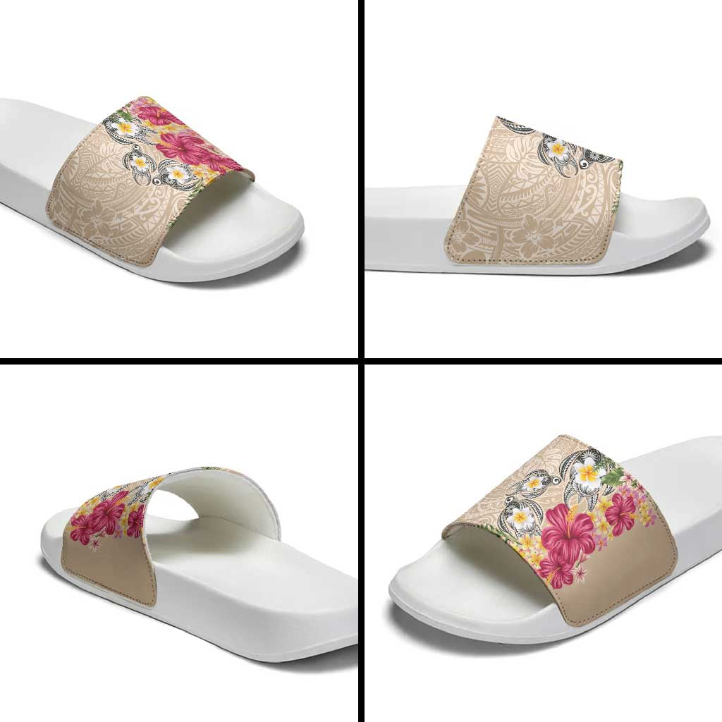 Hawaiian Tropical Flowers and Tribal Turtles Slide Sandals Polynesian Art Motifs Beige Color LT03 - Polynesian Pride