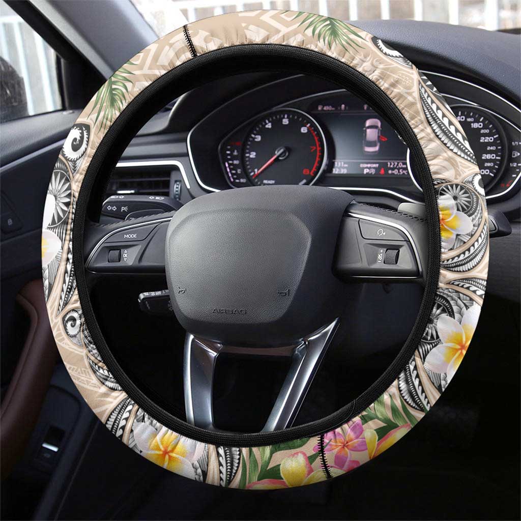 Hawaiian Tropical Flowers and Tribal Turtles Steering Wheel Cover Polynesian Art Motifs Beige Color LT03 - Polynesian Pride