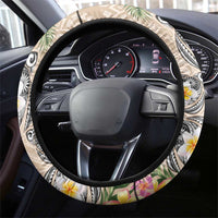 Hawaiian Tropical Flowers and Tribal Turtles Steering Wheel Cover Polynesian Art Motifs Beige Color LT03 - Polynesian Pride