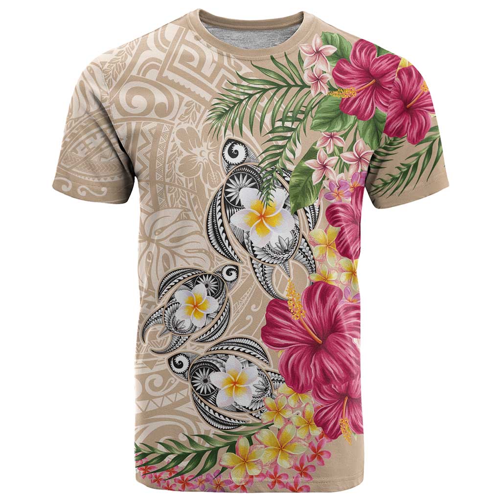 Hawaiian Tropical Flowers and Tribal Turtles T Shirt Polynesian Art Motifs Beige Color LT03 Beige - Polynesian Pride