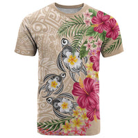 Hawaiian Tropical Flowers and Tribal Turtles T Shirt Polynesian Art Motifs Beige Color LT03 Beige - Polynesian Pride