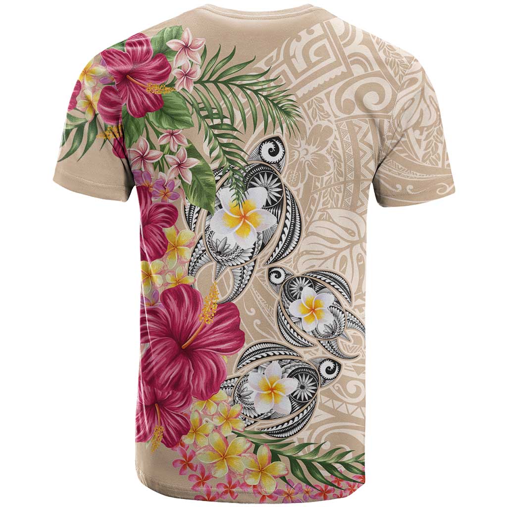 Hawaiian Tropical Flowers and Tribal Turtles T Shirt Polynesian Art Motifs Beige Color LT03 - Polynesian Pride