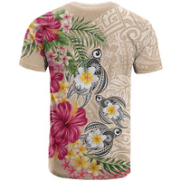 Hawaiian Tropical Flowers and Tribal Turtles T Shirt Polynesian Art Motifs Beige Color LT03 - Polynesian Pride