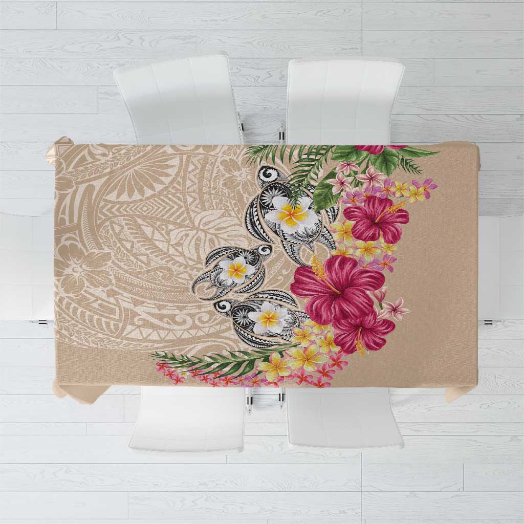 Hawaiian Tropical Flowers and Tribal Turtles Tablecloth Polynesian Art Motifs Beige Color LT03 Beige - Polynesian Pride