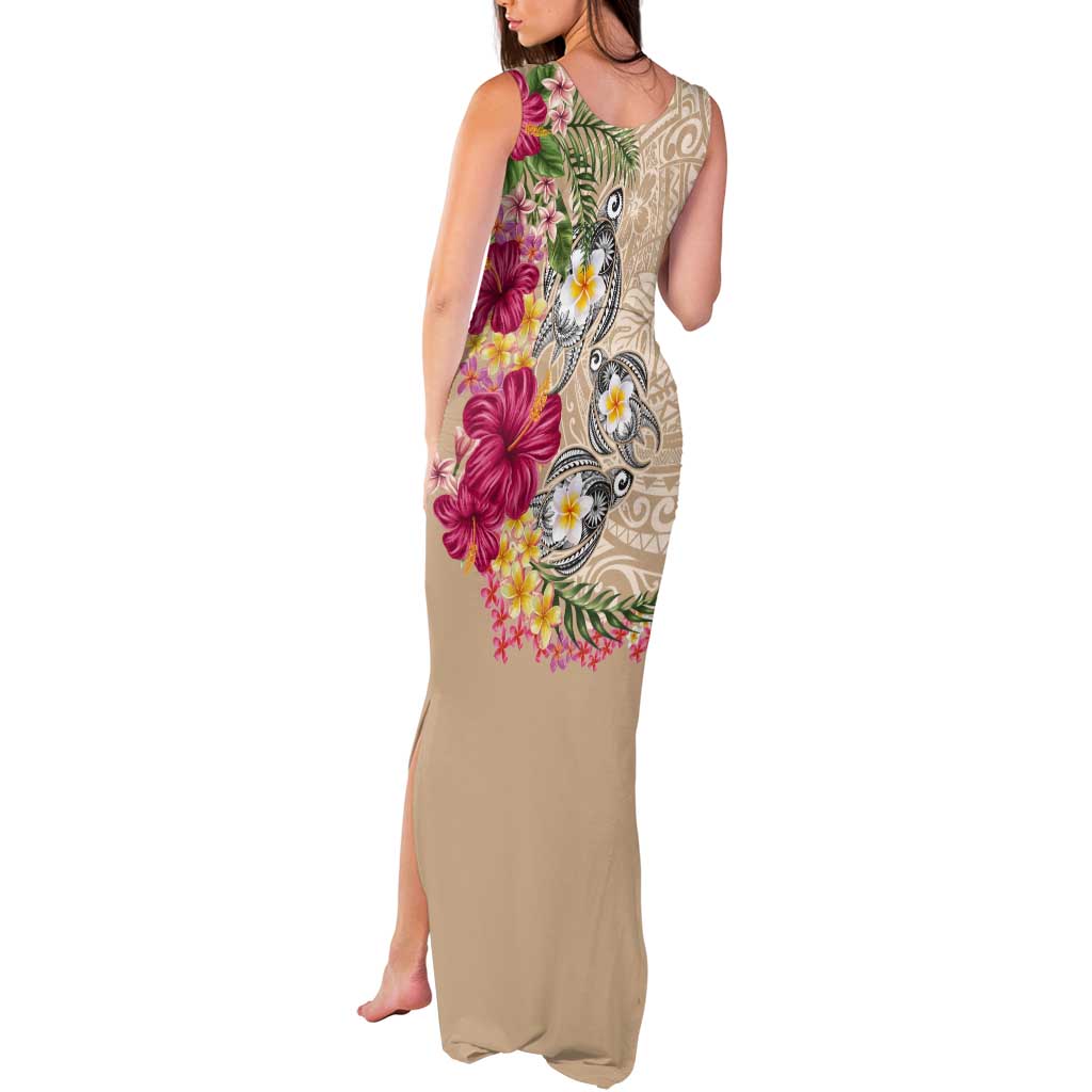Hawaiian Tropical Flowers and Tribal Turtles Tank Maxi Dress Polynesian Art Motifs Beige Color LT03 - Polynesian Pride