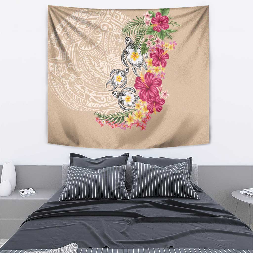 Hawaiian Tropical Flowers and Tribal Turtles Tapestry Polynesian Art Motifs Beige Color LT03 - Polynesian Pride