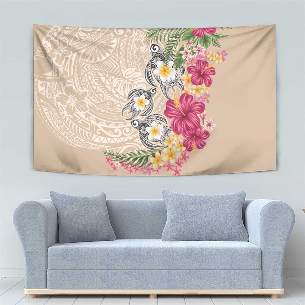 Hawaiian Tropical Flowers and Tribal Turtles Tapestry Polynesian Art Motifs Beige Color LT03 - Polynesian Pride