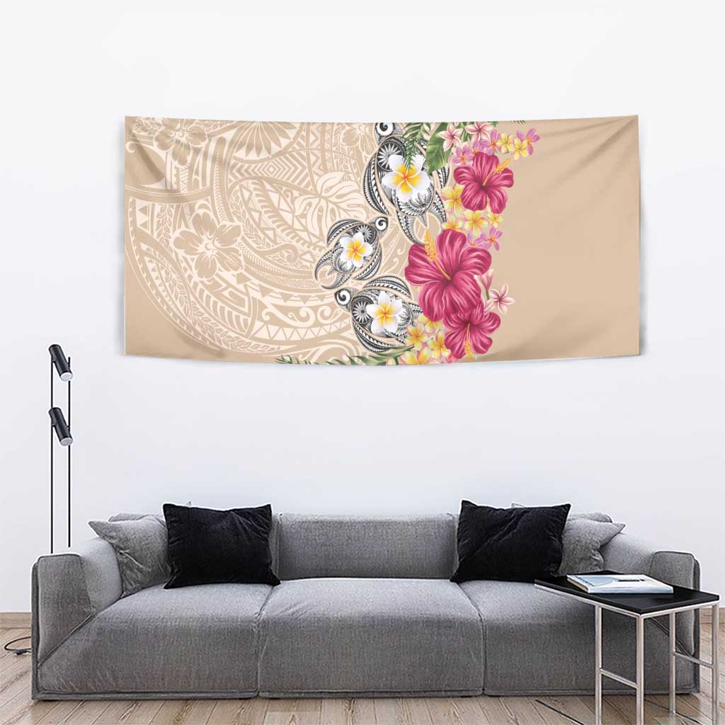 Hawaiian Tropical Flowers and Tribal Turtles Tapestry Polynesian Art Motifs Beige Color LT03 - Polynesian Pride