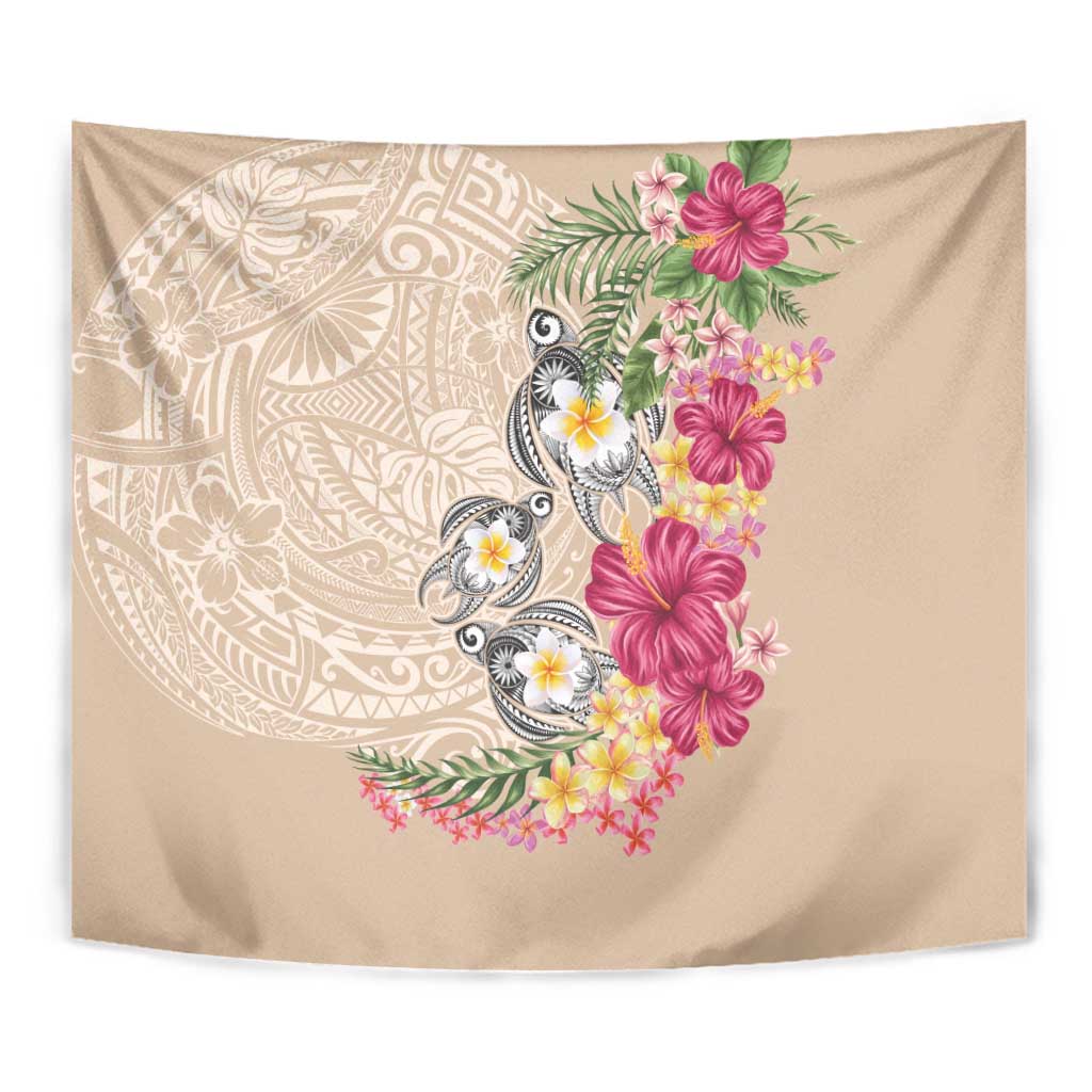 Hawaiian Tropical Flowers and Tribal Turtles Tapestry Polynesian Art Motifs Beige Color LT03 - Polynesian Pride