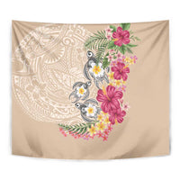 Hawaiian Tropical Flowers and Tribal Turtles Tapestry Polynesian Art Motifs Beige Color LT03 - Polynesian Pride