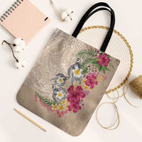 Hawaiian Tropical Flowers and Tribal Turtles Tote Bag Polynesian Art Motifs Beige Color LT03 Black Strap One Size Beige - Polynesian Pride