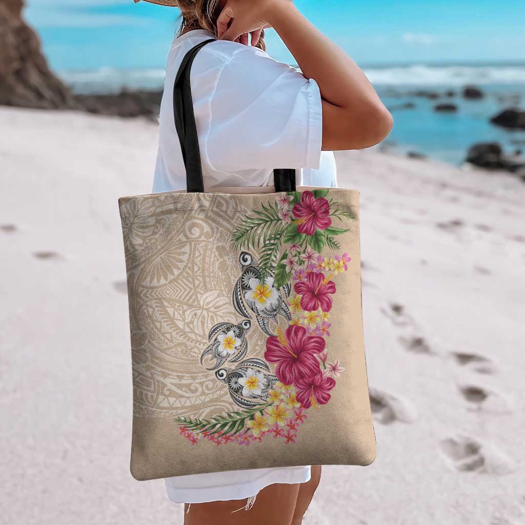 Hawaiian Tropical Flowers and Tribal Turtles Tote Bag Polynesian Art Motifs Beige Color LT03 - Polynesian Pride