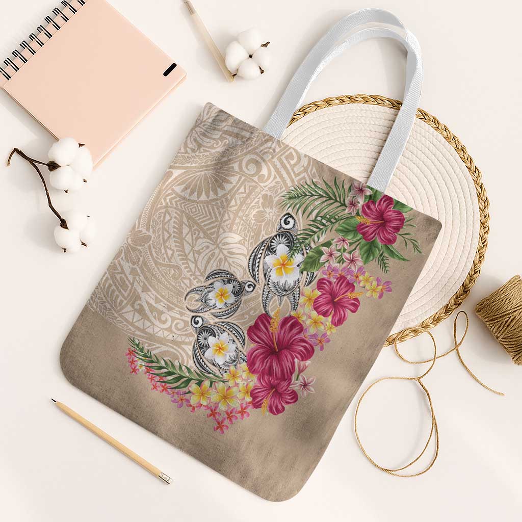 Hawaiian Tropical Flowers and Tribal Turtles Tote Bag Polynesian Art Motifs Beige Color LT03 White Strap One Size Beige - Polynesian Pride