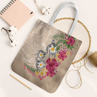 Hawaiian Tropical Flowers and Tribal Turtles Tote Bag Polynesian Art Motifs Beige Color LT03 White Strap One Size Beige - Polynesian Pride