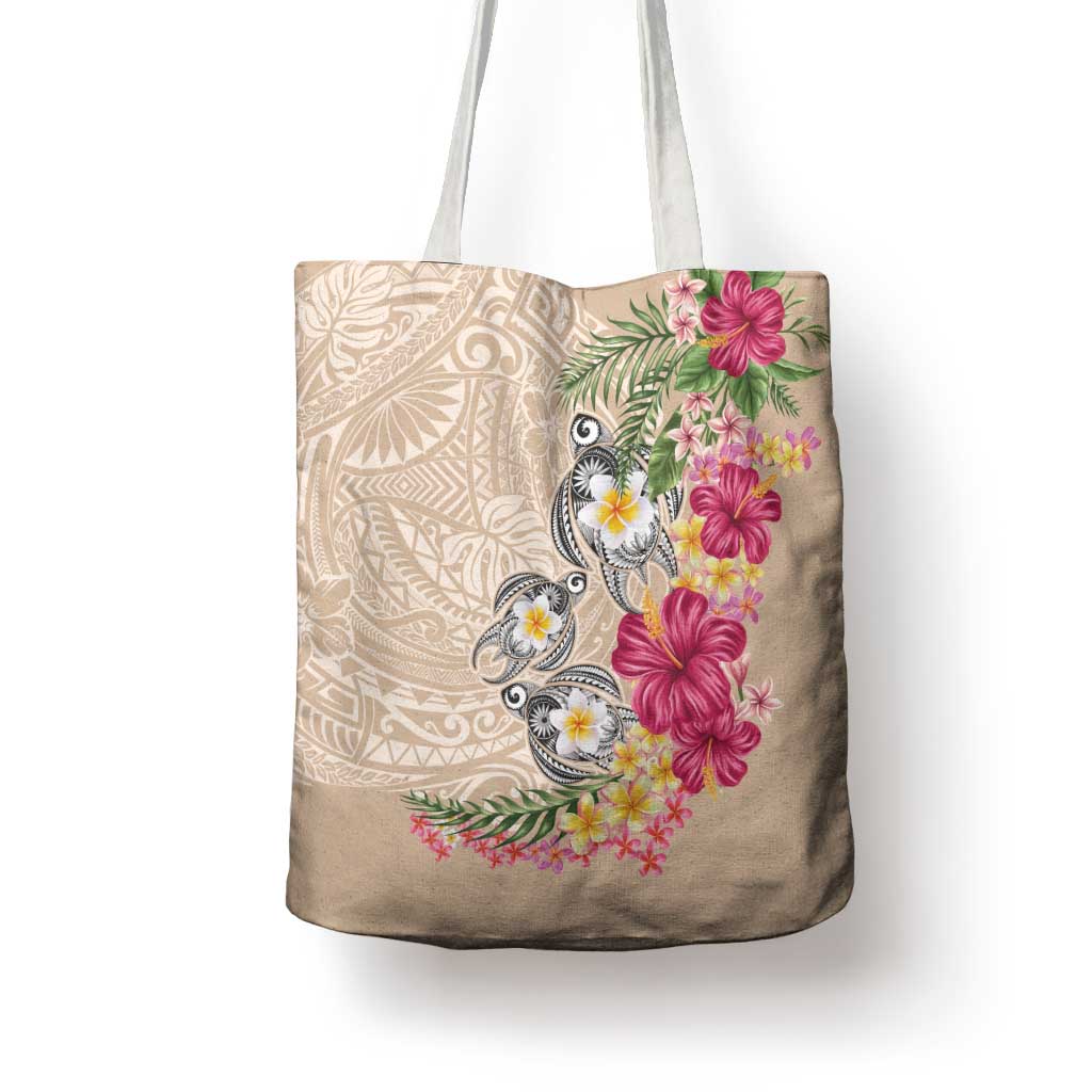 Hawaiian Tropical Flowers and Tribal Turtles Tote Bag Polynesian Art Motifs Beige Color LT03 - Polynesian Pride
