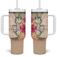 Hawaiian Tropical Flowers and Tribal Turtles Tumbler With Handle Polynesian Art Motifs Beige Color LT03 One Size: 40 oz Beige - Polynesian Pride