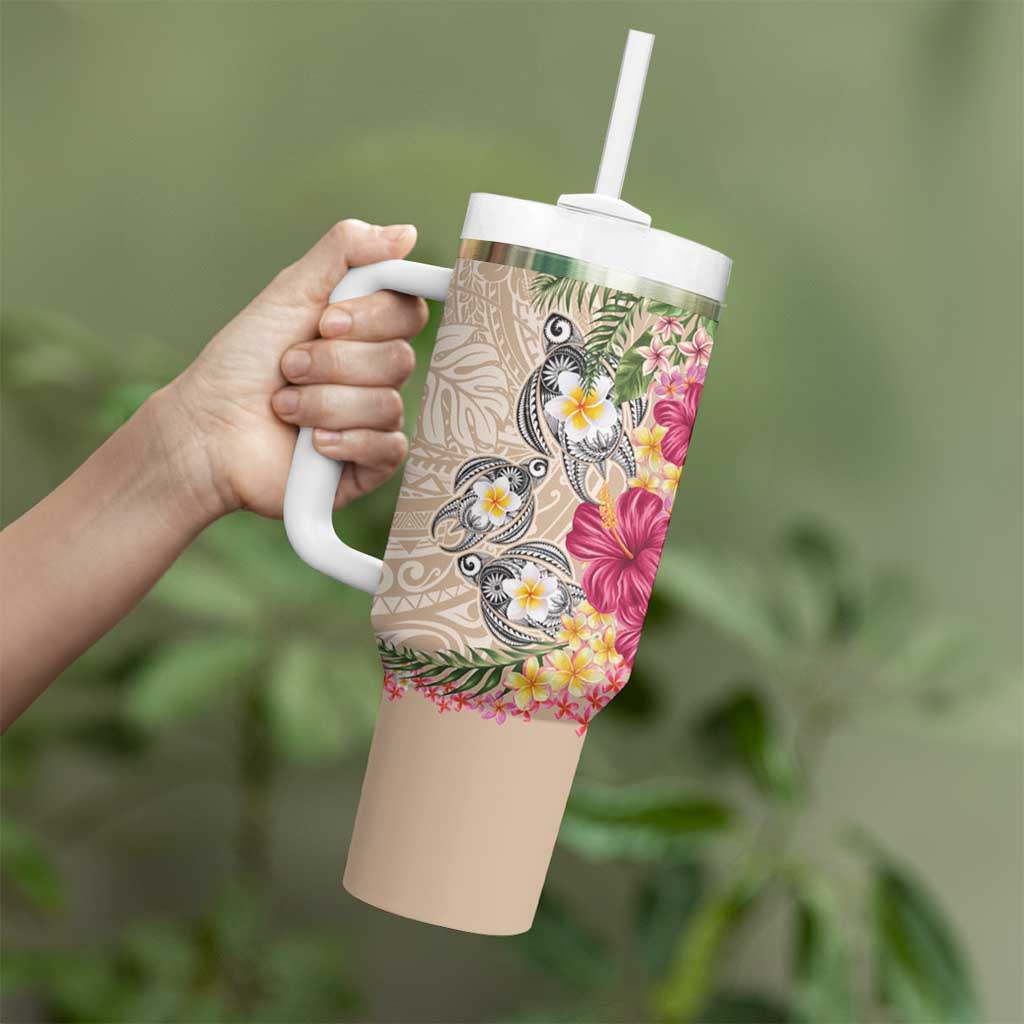 Hawaiian Tropical Flowers and Tribal Turtles Tumbler With Handle Polynesian Art Motifs Beige Color LT03 - Polynesian Pride