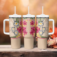 Hawaiian Tropical Flowers and Tribal Turtles Tumbler With Handle Polynesian Art Motifs Beige Color LT03 - Polynesian Pride