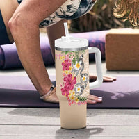 Hawaiian Tropical Flowers and Tribal Turtles Tumbler With Handle Polynesian Art Motifs Beige Color LT03 - Polynesian Pride