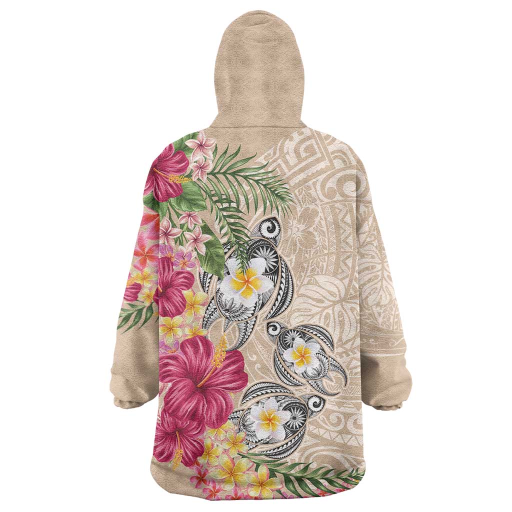Hawaiian Tropical Flowers and Tribal Turtles Wearable Blanket Hoodie Polynesian Art Motifs Beige Color LT03 - Polynesian Pride