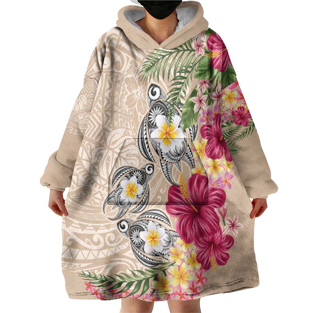 Hawaiian Tropical Flowers and Tribal Turtles Wearable Blanket Hoodie Polynesian Art Motifs Beige Color LT03 - Polynesian Pride