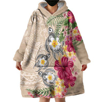 Hawaiian Tropical Flowers and Tribal Turtles Wearable Blanket Hoodie Polynesian Art Motifs Beige Color LT03 - Polynesian Pride