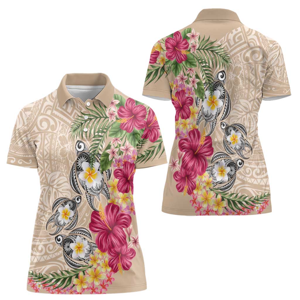 Hawaiian Tropical Flowers and Tribal Turtles Women Polo Shirt Polynesian Art Motifs Beige Color LT03 - Polynesian Pride