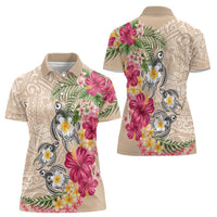 Hawaiian Tropical Flowers and Tribal Turtles Women Polo Shirt Polynesian Art Motifs Beige Color LT03 - Polynesian Pride