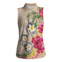 Hawaiian Tropical Flowers and Tribal Turtles Women Sleeveless Polo Shirt Polynesian Art Motifs Beige Color LT03 Female Beige - Polynesian Pride