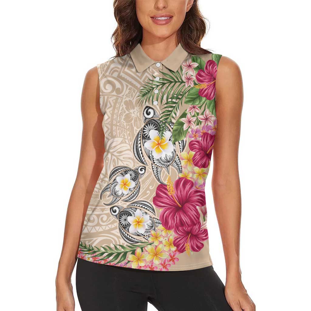 Hawaiian Tropical Flowers and Tribal Turtles Women Sleeveless Polo Shirt Polynesian Art Motifs Beige Color LT03 - Polynesian Pride