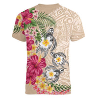 Hawaiian Tropical Flowers and Tribal Turtles Women V-Neck T-Shirt Polynesian Art Motifs Beige Color LT03 - Polynesian Pride