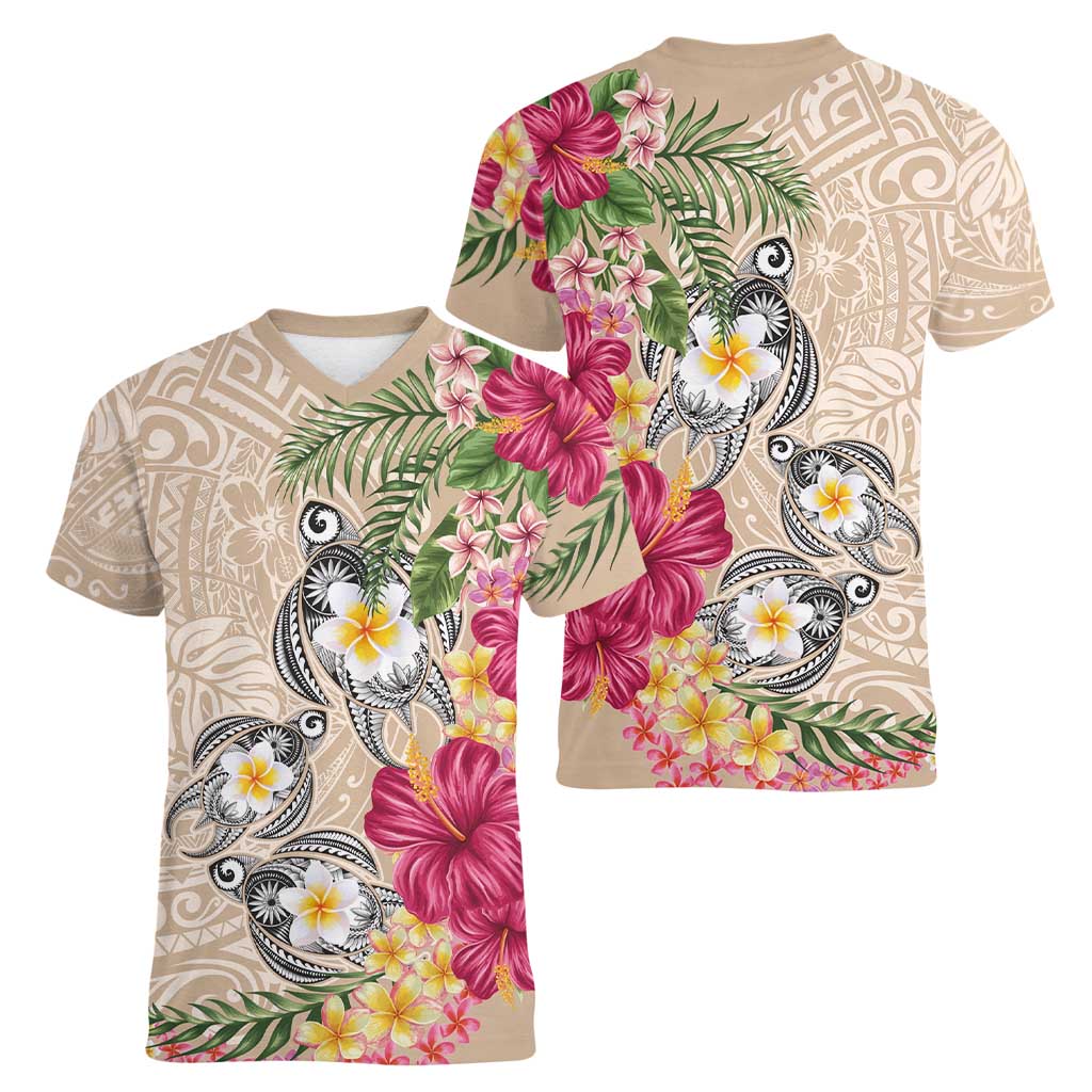 Hawaiian Tropical Flowers and Tribal Turtles Women V-Neck T-Shirt Polynesian Art Motifs Beige Color LT03 - Polynesian Pride