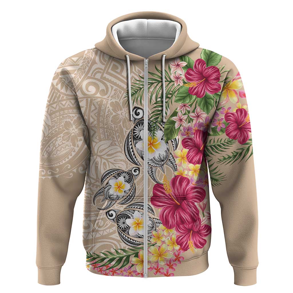 Hawaiian Tropical Flowers and Tribal Turtles Zip Hoodie Polynesian Art Motifs Beige Color LT03 Zip Hoodie Beige - Polynesian Pride