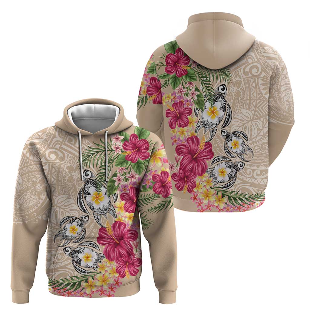 Hawaiian Tropical Flowers and Tribal Turtles Zip Hoodie Polynesian Art Motifs Beige Color LT03 - Polynesian Pride