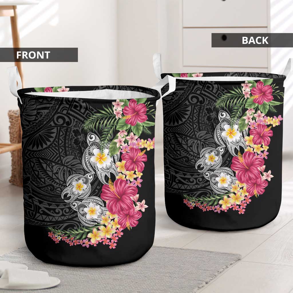 Hawaiian Tropical Flowers and Tribal Turtles Laundry Basket Polynesian Art Motifs Black Color LT03 - Polynesian Pride