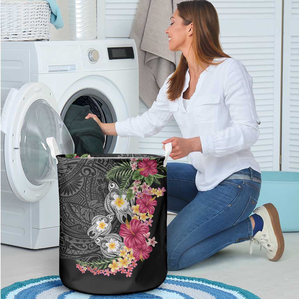 Hawaiian Tropical Flowers and Tribal Turtles Laundry Basket Polynesian Art Motifs Black Color LT03 - Polynesian Pride