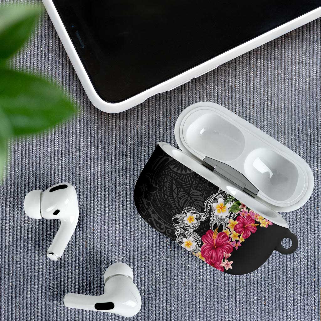 Hawaiian Tropical Flowers and Tribal Turtles AirPods Case Polynesian Art Motifs Black Color LT03 - Polynesian Pride