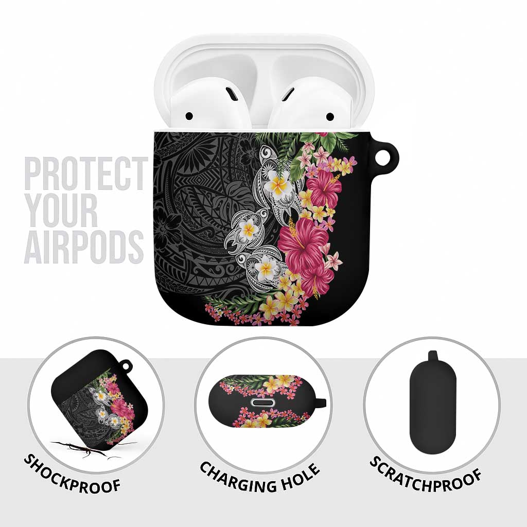 Hawaiian Tropical Flowers and Tribal Turtles AirPods Case Polynesian Art Motifs Black Color LT03 - Polynesian Pride