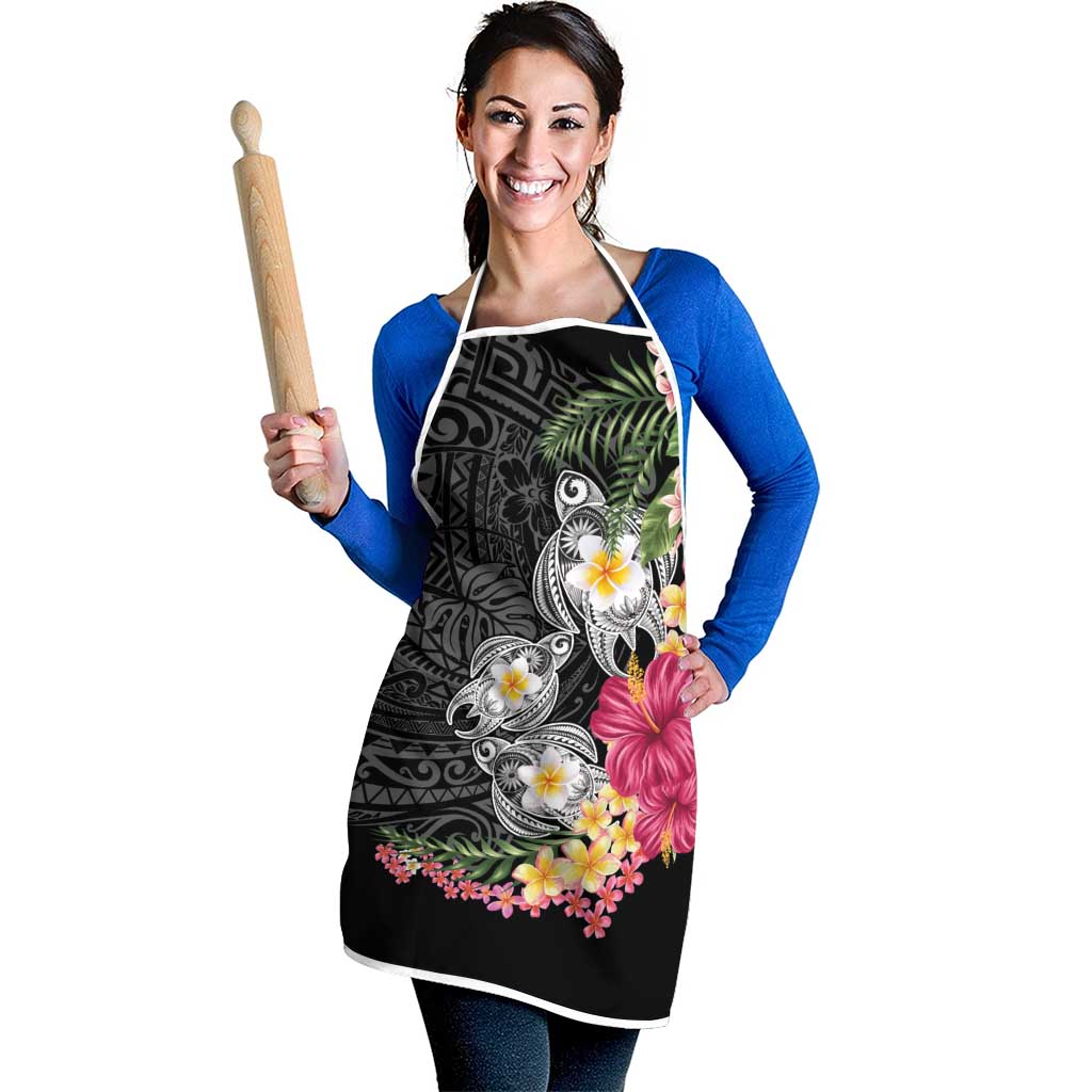 Hawaiian Tropical Flowers and Tribal Turtles Apron Polynesian Art Motifs Black Color LT03 - Polynesian Pride