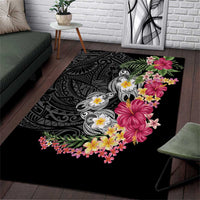 Hawaiian Tropical Flowers and Tribal Turtles Area Rug Polynesian Art Motifs Black Color LT03 Black - Polynesian Pride