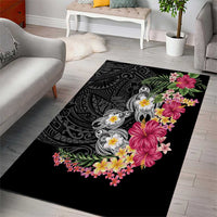 Hawaiian Tropical Flowers and Tribal Turtles Area Rug Polynesian Art Motifs Black Color LT03 - Polynesian Pride
