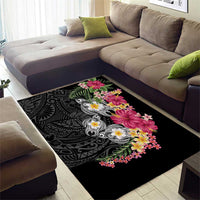 Hawaiian Tropical Flowers and Tribal Turtles Area Rug Polynesian Art Motifs Black Color LT03 - Polynesian Pride